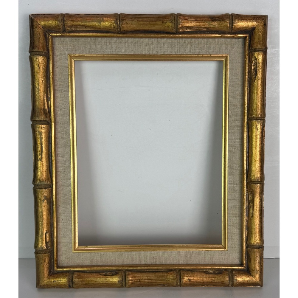 Vtg Gold Faux Bamboo Picture Wall Frame Linen Mat Hollywood Regency 14"x12"x1"